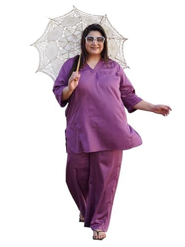 TITTLI Plus Size Cotton Silk Co-Ord Set for Women | Tunic and Trouser Set V-Neck and 3/4 Sleeve| Elasticated Waist 2 Pockets Casual Wear and Everyday wear Outfit |3XL to 8XL