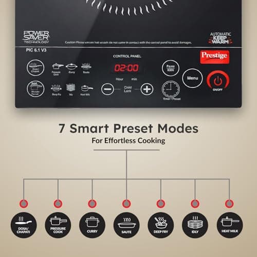 Prestige PIC 6.1 V3 2200 Watts Induction Cooktop | Patented Automatic Whistle Counter | 4KV Surge Protection | 7 Preset Indian Menu Options With Timer | Touch Button | Black | 1Y Warranty | BIS 5