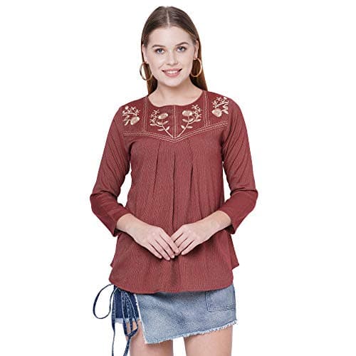 Go.4.it Rayon Pin Stripes Women's Top with Classy Embroidery Cinnamon