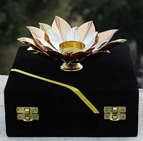 Indian Art Villa Pure Copper Lotus Design Tea Light Candle Diya / Deepak with Black Velvet Gift Box, Colour-Gold, Silver & Brown, Width-8 Inches 5