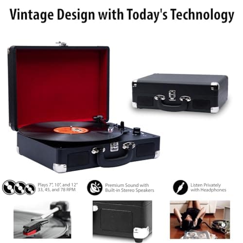 Hiniso T316 Vinyl Record Player with 2-Way Bluetooth | Portable 3-Speed Turntable with Built-in Speakers | Convert Vinyl/USB/SD to MP3 | AUX, RCA, Headphone Jack | Vintage Suitcase Design 3