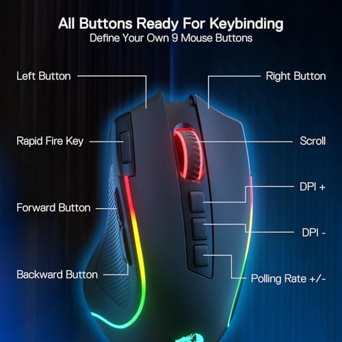 Redragon M612 PRO RGB Gaming Mouse, 8000 DPI Wired/Wireless Optical Gamer Mouse with 9 Programmable Buttons & 7 Backlit Modes, BT & 2.4G Wireless, Software Supports DIY Keybinds Rapid Fire Button 4
