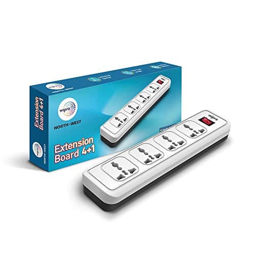 wipro 4+1 Extension Board | 4 Universal Socket with Single Switch | 2 Meter Long Cord | Child Safety | Auto Cutoff | Fire Resistant | Multiplug Socket for Home, Office | Pack of 1 | White, 120 Volts