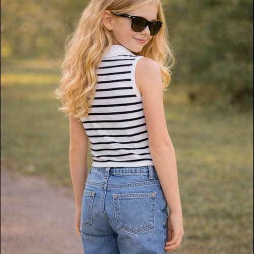 Ninas Girls Ribbed Sleeveless Top with Collar | Summer Outfit (11-12 Years, Black&White) 2
