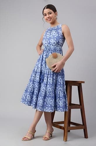 Janasya Women's Blue Pure Cotton Floral Printed Tiered Dress (JAA26DR04599-JA-L) 2
