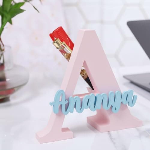 Artsycollection® Personalized Alphabet Name Pen Stand for Desk | Custom Initial Letter Pen Holder | 3D Acrylic Pen Stand for Office Study Table | Personalized Birthday Gift for Him, Her (BPink-SBlue)