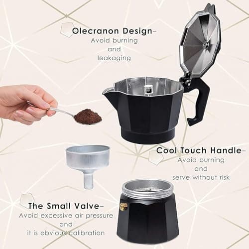 Jorex Mart Italian Style Moka Pot – Stovetop Espresso Coffee Maker, Classic Aluminum Percolator, Portable Manual Coffee Brewer for Rich & Authentic Espresso (Black, 2 CUP) 4