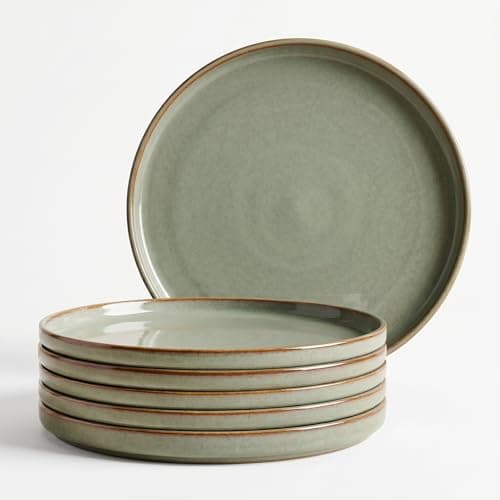 HEARTHEASE Ceramic Dinner Plate Set of 6, 11 Inch - Sage Green with Brown Rim, Microwave & Dishwasher Safe, Ideal for Daily Use