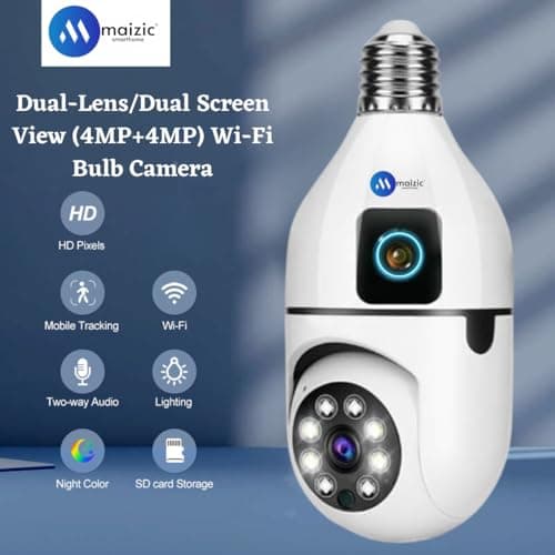 Maizic Smarthome Supercam 5MP UHD Wi-Fi Outdoor CCTV Camera for Home with Color Night Vision, Motion Tracking, Two Way Talk and Multi Users View, 2 Years Warranty (S-WiFi Dual Lens Bulb Camera) 2
