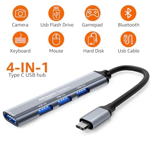 Amazon Basics USB-C Multiport Adapter with 1 USB 3.0 & 3 USB 2.0 Ports, Plug & Play, Built-in Smart Chip, Compatible with MacBook, Laptop, Tablet, Smartphone, and More 2