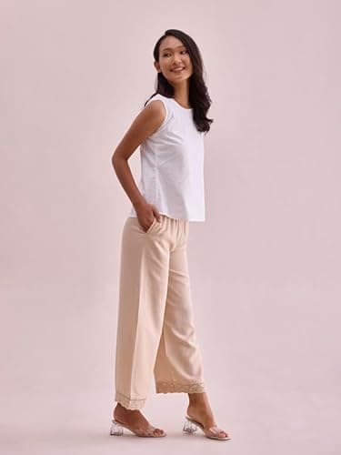 Go Colors Linen Lace Palazzo for Women | Relaxed Fit, Mid Rise, Pockets, Light Beige_8905344208865_Beige_XL 3