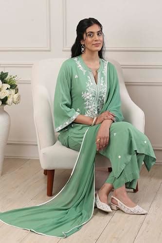 Biba Women Green Viscose Rayon Straight Suit Set_40 2