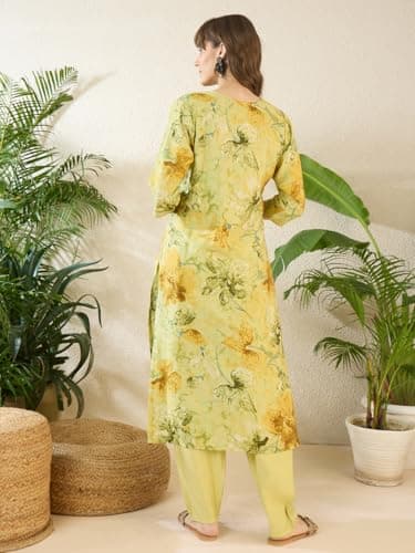 INDO ERA Women's Cotton Blend Floral Embroidered Straight Kurta & Pant Set | Co Ord Set For Women Stylish 4