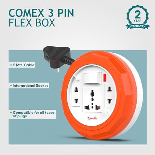 Fybros Comex 3 Pin Extension Cord, Extension Box, Power Strip with International Sockets Extension Board,6 AMP Output, 2 Year Warranty, 5 Meter Heavy Duty Cable, (Multicolor)- Made in India 2