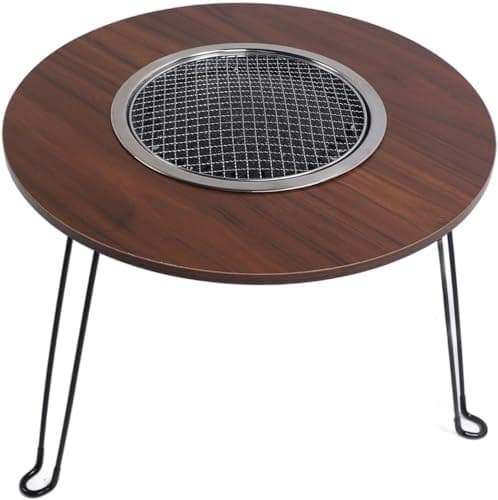 Inditradition Portable Freestanding Charcoal BBQ Grill Table & Fire Pit for Indoor & Outdoor Picnic, With Round Self Service Wooden Space & 6 Tools (65 cm, Round)