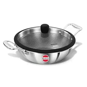 Hawkins Pro 3.5 Litre Shielded Nonstick Triply Deep-Fry Pan, Kadhai with Stainless Steel Handles and Glass Lid, Silver (PSNK35G), 26 cm|Induction and Gas Stove Compatible