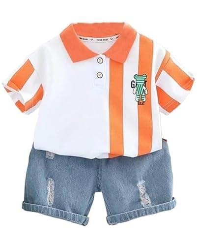 Shree Shyam Textiles Kids Clothes for Boys | Striped Printed Polo Tshirt and Denim Shorts Clothing Set for Baby Boys | Stylish Kids wear (Orange, 9-12 month)