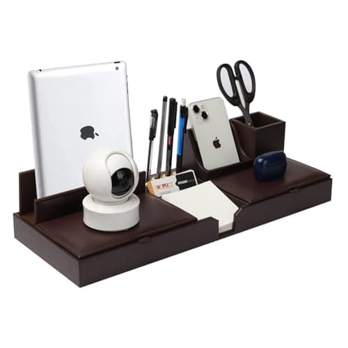 GIFTONVY Office Desk Organizer and Workspace Accessories Storage Set Leather 11 Compartment Multipurpose Sticky Note Tray Remote and Stationary Pen Stand With Mobile Holder