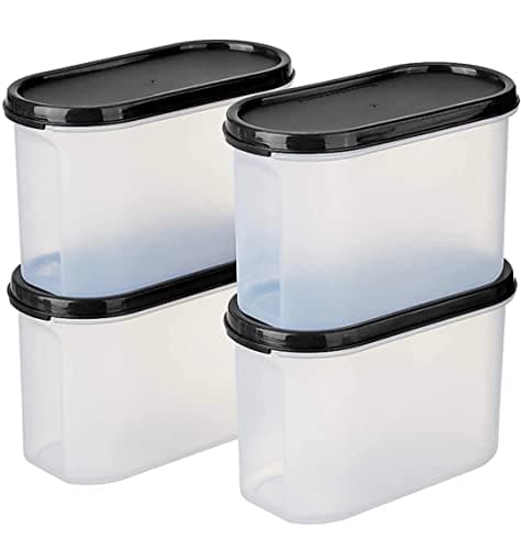 Plastic 1000 Ml Modular Containers Oval Set for Grocry,Rice, Dal, Atta, Flour, Cereals, Pulses, Snacks Set of (Black, 4)