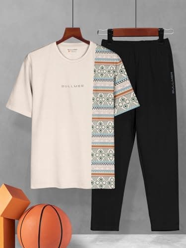 BULLMER Men Cotton Blend printed Trendy Clothing Set With Oversized T-Shirt & Pants Co-Ords / Beige2:Black/Small 2