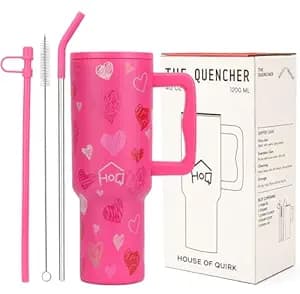 House of Quirk 1200ML Stainless Steel Tumbler with Handle & Lid, 2 Straws – Large Travel Mug Water Cup for Gym, Office & Outdoor Use (Rose Heart)