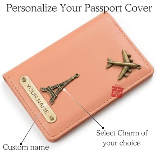 Zift Custom Name & Charm Faux Leather Passport Cover - 4 Card Slots Travel Organizer for Men & Women - Slim Passport Protector - Best for Diwali Birthday Farewell Return Corporate Gifts (Peach) 2