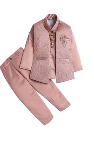 Boys Traditional 2 Piece Jodhpuri Suit Set with Long Sleeve, Cotton Blend Wedding Ethnic Dress, Button Closure, Hand Wash Only, for Kids (Pink, 4-5 Years)