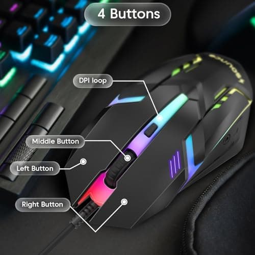 Sounce Nitro Wired Gaming USB Mouse 800/1200/1600 DPI Optical Sensor, 4-Level Adjustable DPI, RGB Lighting, Smooth Tracking, Ergonomic Grip, Plug & Play for Laptop & PC (Black) 5