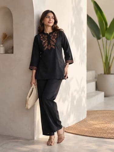NISFAS Designer Co-Ord Set for Women Premium Roman Silk Festival Wear Stylish Top and Bottom Set Party, Matching Set Elegant Ethnic for Women Casual & Occasion Wear (IN, Alpha, XL, Regular, Black) 5