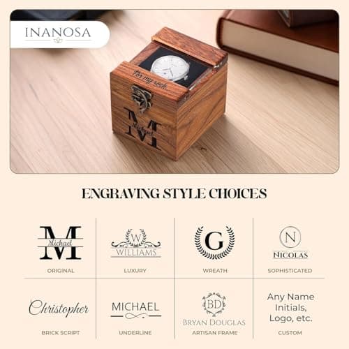 ARTIST INTERNATIONAL Custom Engraved Watch Box – Handmade Wooden Rosewood Display Case with Glass Lid, Luxury Watch Storage Organizer, Perfect Personalized Gift for Him & He 3