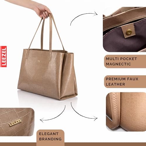 LEEZEL Women's Structured Tote Bag – Large Capacity Work & Travel Purse Croco Pattern Vegan Leather Stylish Tote Bag Classic Everyday Shoulder Bag (BEIGE) 4
