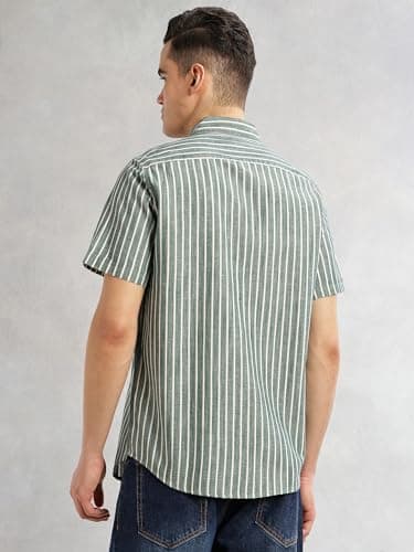 Thomas Scott Men | Slim Fit | Cotton Linen | Vertical Stripes | Casual Shirt with Spread Collar & Short Sleeves (TS1786_Midblue_M) Mid Blue 2
