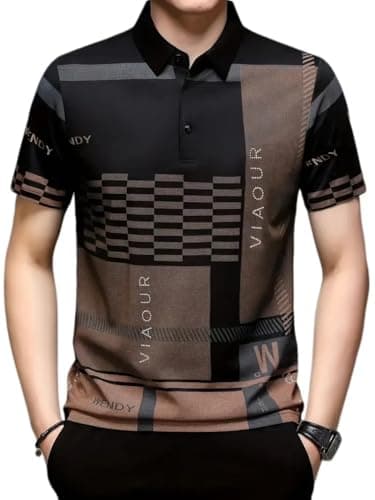 Cotton Men's Irregular Geometric Pattern And Alphabet Print Sports Collar Tshirt (Rizim Temu Print Polo-Black-Xl, Polo)