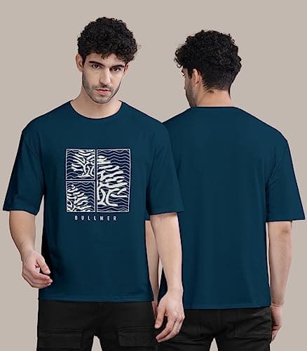 BULLMER Trendy Front Printed Oversized Round Neck T-Shirt for Men - Petrol Blue/Large 2