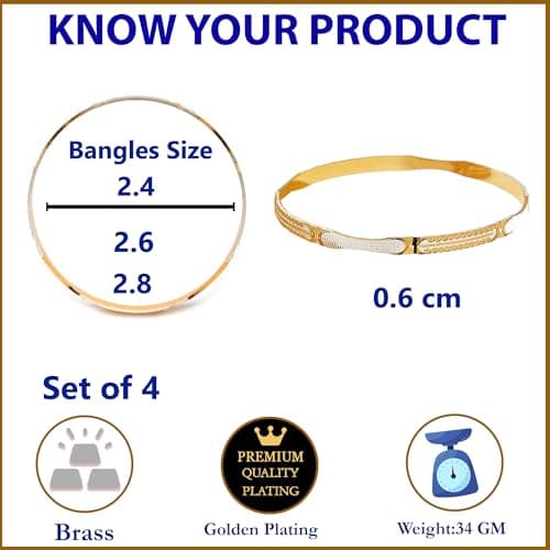 ZENEME Set Of 4 Gold & Silver Dual Toned Handcrafted Textured Bangles For Girls and Women (2.6) 5