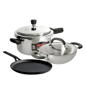 Meyer Ultimate Cooking Combo – 5.5 L Presta Tri‑Ply Stainless‑Steel Pressure Cooker + 22 cm Trivantage Tri‑Ply Kadai/Wok with Lid with cast Iron tawa