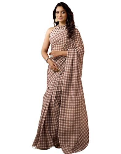 SIRIL Women's Chanderi Cotton Printed Ready to Wear with Pocket Saree with Unstitched Blouse Piece (47RS436_Brown)