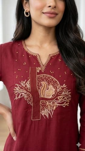 Women's Cotton A-Line Printed Co-Ord Set with Palazzo | Kurta Set for Women | A-Line Kurti Co-Ord Set | Printed Kurti Palazzo | Women Kurta Set (IN, Alpha, L, Regular, Wome, maroon) 2