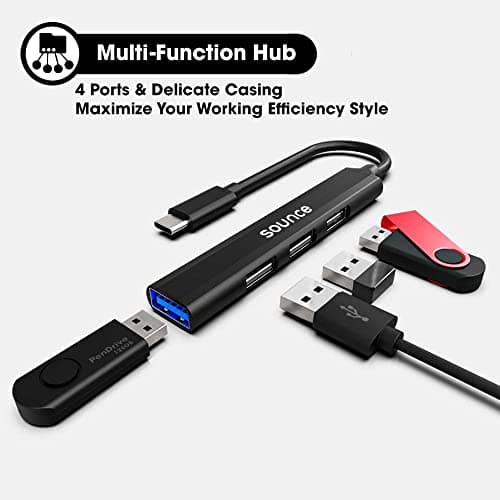 Sounce 4-in-1 Portable Type-C Hub (Type-C to 4 USB-A Ports) with Aluminum Shell, USB Port Hub 3.0 Compatible for PC, Mac Pro, Mac mini, iMac, Tablet, and Smartphone 3