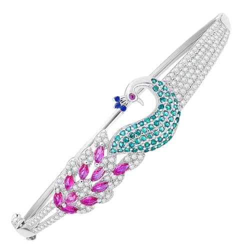 ZAVYA 925 Sterling Silver CZ Peacock Rhodium Plating Cuff Bracelet | Gift for Women and Girls | 1 Year Plating Warranty