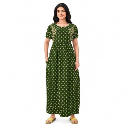 Cotton Nighty for Women | Stylish Maxi Length Night Gown | Soft & Comfortable Nightwear with Pocket | Available in L to 3XL (Olive Floral, XL)