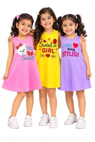 Triviso Baby Girls Soft Cotton Hosiery Summer Dress|Kid Girls Aline Frocks| Sleevless midi Dresses for 3 Month to 6 Years Pack of 3