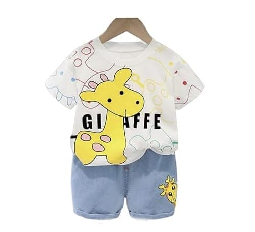 Jaganath Creations Kids Dress for Boys | Round Neck Half Sleeves Cotton Printed T shirt with Denim Shorts (White/, 3-6 month)