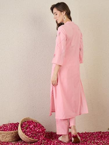 INDO ERA Women's Pure Cotton Floral Embroidered Straight Kurta & Pant Set | Co Ord Set For Women Stylish 4