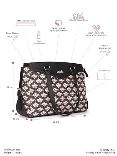 ZOUK Bidri Kaiser Motif Printed Jute Vegan Leather Black and White Women's Office Work Bag With Double Handles Strap 5