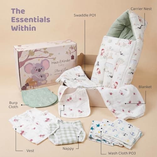 haus & kinder Newborn Baby Shower Gift Set (Pack of 10) | 100% Cotton New Born Baby Essentials Kit with Swaddle, Muslin Blanket, Carrier Nest | Scarlet Edition 2