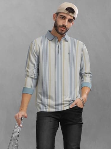 BULLMER Striped Textured Printed Polo Neck Fullsleeve T-Shirt with Rib for Men_Blue_Small 5
