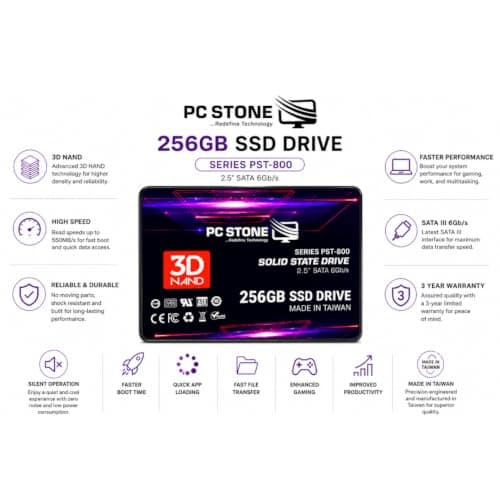 PC STONE 256GB SSD SATA III 6Gb/s 2.5 Inch Internal Solid State Drive, 3D NAND SSD for Laptop and Desktop 3