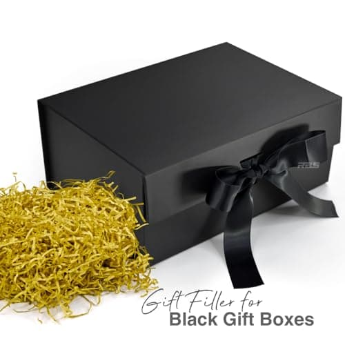 RBS®-Black Gift Box with Golden Filler 23x16x10cm Empty Hamper Box for Gifting Holds Upto 5kg Sturdy Cardboard Gift Boxes with 25g Decorative Shredded Paper Birthday, Diwali, Valentine’s Day Packing 5
