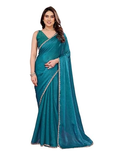 ROOP SUNDARI SAREES Women's Soft Fandy Fancy Silk Saree With Hand Work Lace Boarder & Comes With Unstitched Blouse Piece | Latest Sarees Bollywood Sari | New Sarees (Firozi)